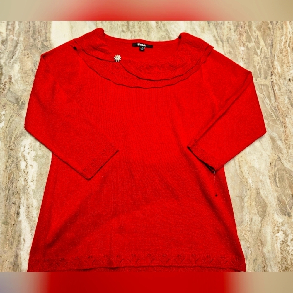 Briggs Red Shimmer Knit Sweater M Lacy Neckline Brooch Holiday Party Top